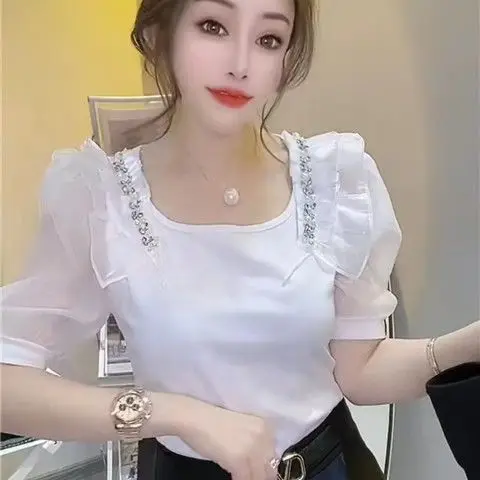 Summer Women's T-shirt Set with Diamonds Korean Fashion Puff Sleeve Casual Solid Champagne White Silk T-shirts Women A578
Summer Women's T-shirt Set with Diamonds Korean Fashion Puff Sleeve Casual Solid Champagne White Silk T-shirts Women A578