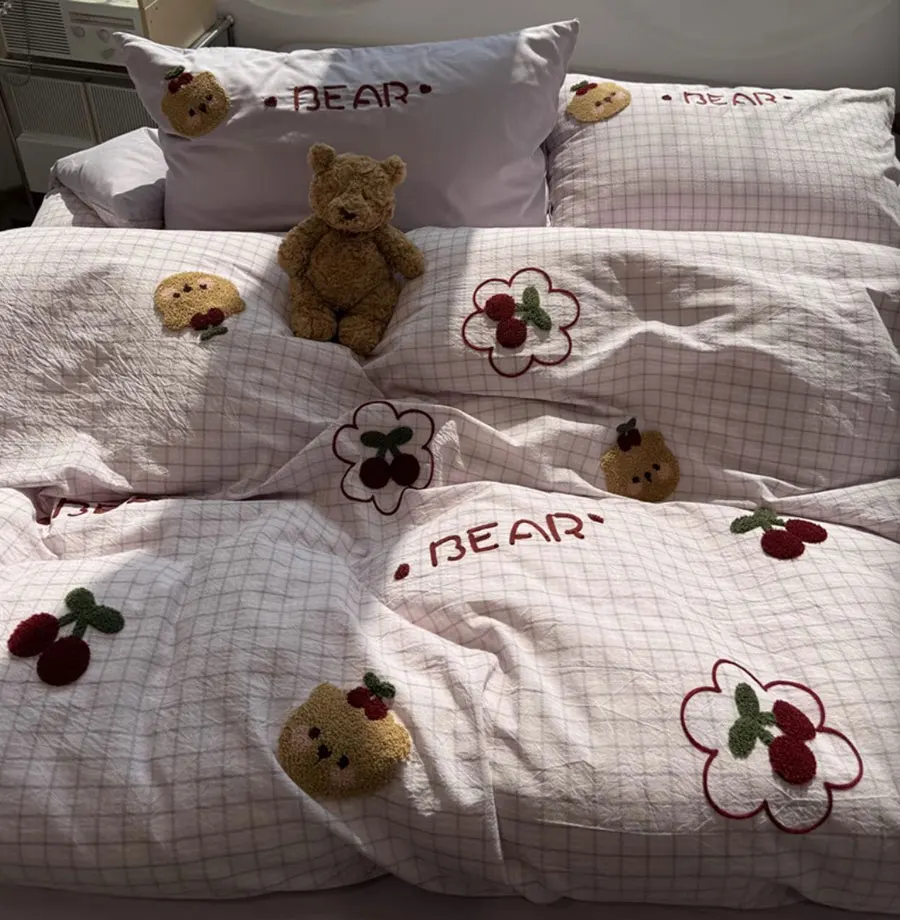 cute cartton bear embroidery cherry plaid bedding set kid,twin full queen king cotton home textile sheet pillow case quilt cover
cute cartton bear embroidery cherry plaid bedding set kid,twin full queen king cotton home textile sheet pillow case quilt cover