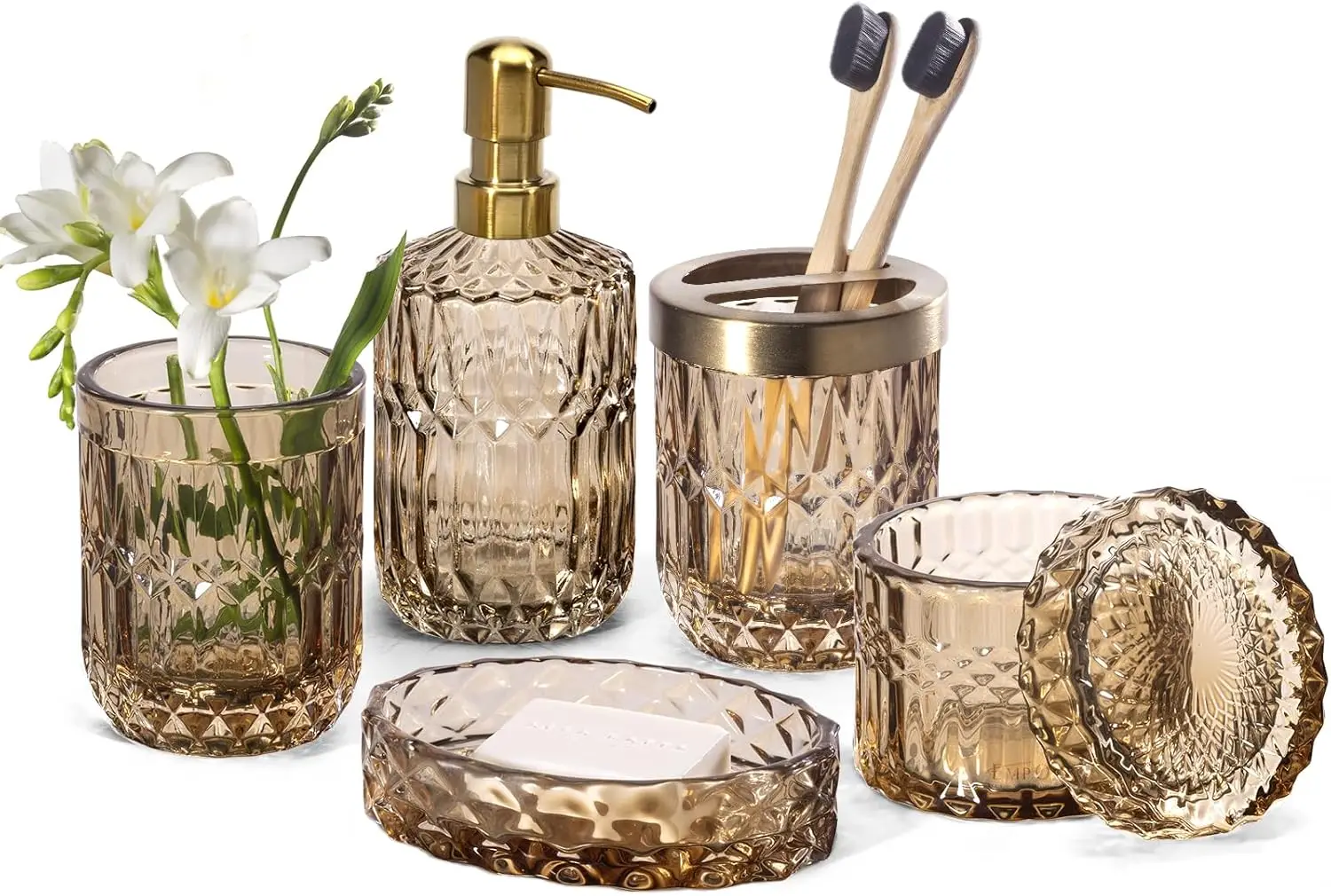 6PCS Clear Glass Bathroom Set: Soap Dispenser, Dish, Toothbrush Holder, Tumbler, Cotton Swab Jar - Modern Vintage Decor Gift
6PCS Clear Glass Bathroom Set: Soap Dispenser, Dish, Toothbrush Holder, Tumbler, Cotton Swab Jar - Modern Vintage Decor Gift