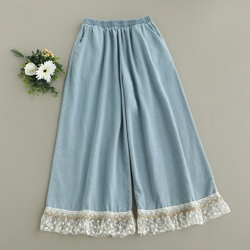Japanese Vintage Mori Girl Lace Embroidery Hem Denim Wide Leg Pants Women Spring Summer Elastic Waist Casual Loose Jeans Trouser
Japanese Vintage Mori Girl Lace Embroidery Hem Denim Wide Leg Pants Women Spring Summer Elastic Waist Casual Loose Jeans Trouser