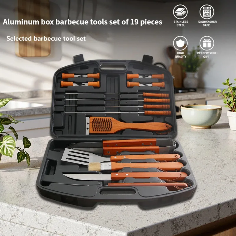 19 Piece Stainless Steel BBQ Tool Set With Wooden Handles Plastic Case And Skewers For Outdoor Party Table Decor For Couples
19 Piece Stainless Steel BBQ Tool Set With Wooden Handles Plastic Case And Skewers For Outdoor Party Table Decor For Couples