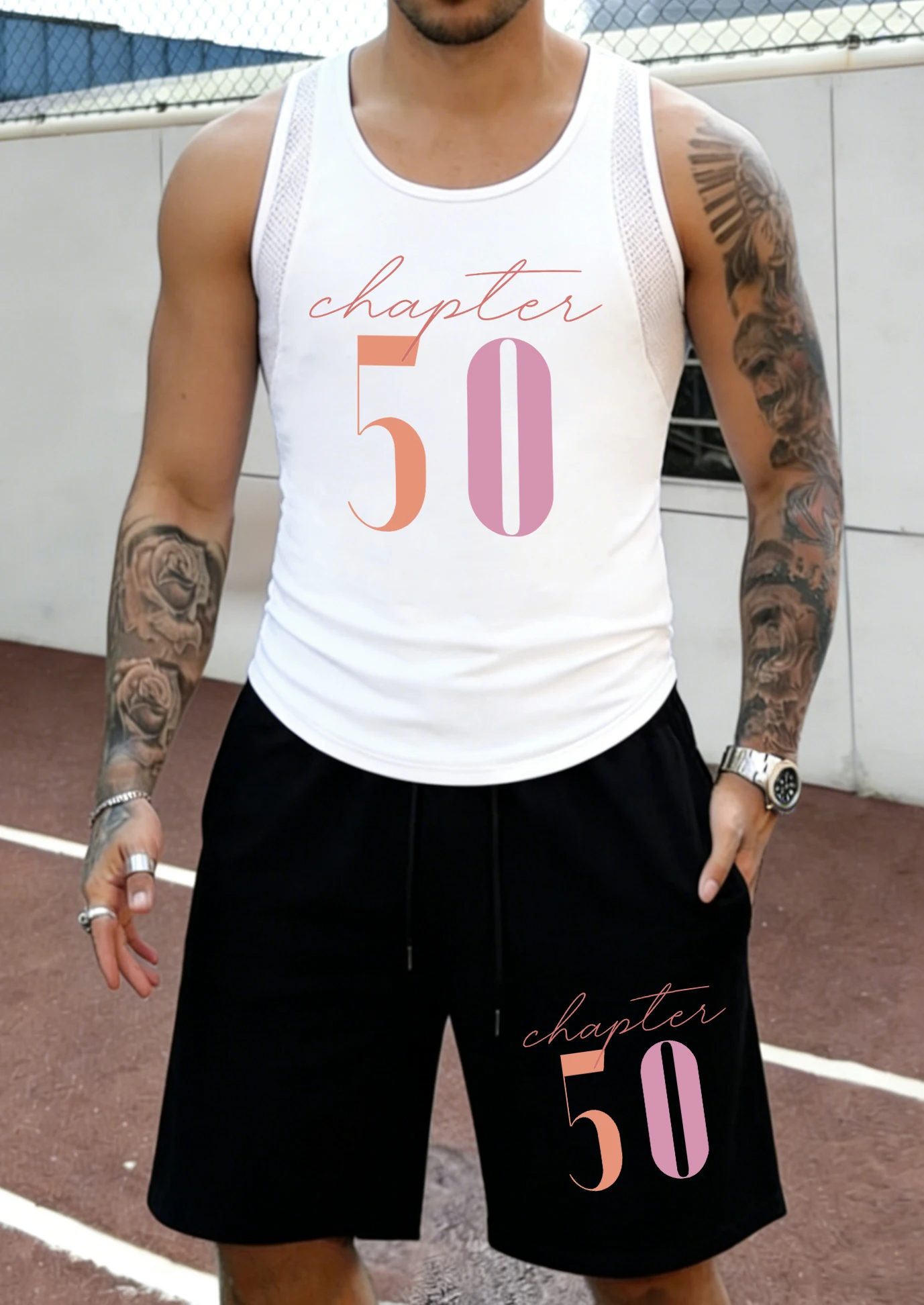 Chapter 50 Art Letter Design Man Mesh Summer Vest Fitness Hip Hop Short Pants Set Quick Dry Gym Sportswears Daily Pocket Shorts
Chapter 50 Art Letter Design Man Mesh Summer Vest Fitness Hip Hop Short Pants Set Quick Dry Gym Sportswears Daily Pocket Shorts