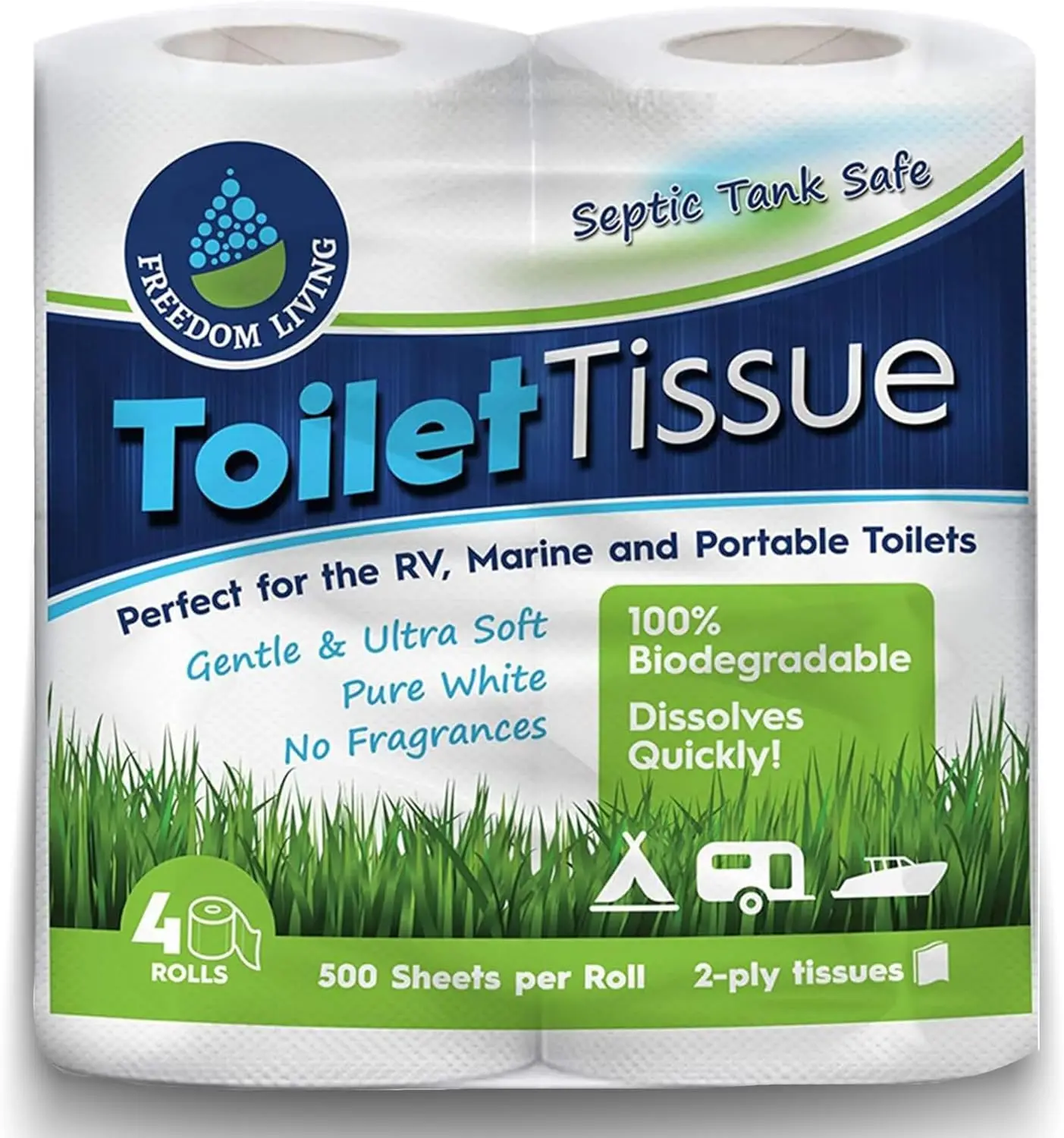 Septic Safe Toilet Tissue for Campers and RVs Biodegradable Marine Toilet Paper with 4 Rolls of 500 Sheets Each
Septic Safe Toilet Tissue for Campers and RVs Biodegradable Marine Toilet Paper with 4 Rolls of 500 Sheets Each