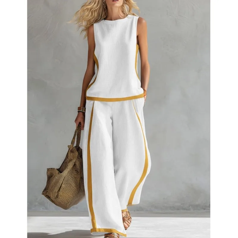 Women's 2-piece Set 2026 New Sleeveless Contrast Wide Leg Pants Suit Summer Casual Fashion Two-piece Trendy Style Women Clothing
Women's 2-piece Set 2026 New Sleeveless Contrast Wide Leg Pants Suit Summer Casual Fashion Two-piece Trendy Style Women Clothing