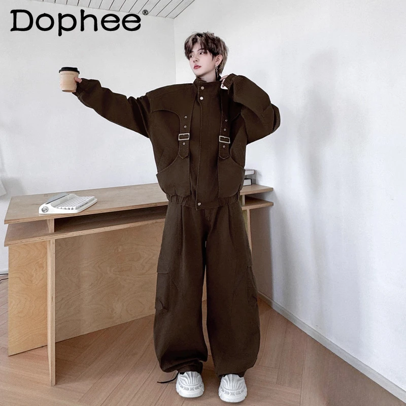Men's 2025 Autumn Fashion Metal Buckle Stand Collar Jacket Sets Loose Tooling Wide-Leg Pants Trendy Solid Color Two-Piece Sets 
Men's 2025 Autumn Fashion Metal Buckle Stand Collar Jacket Sets Loose Tooling Wide-Leg Pants Trendy Solid Color Two-Piece Sets