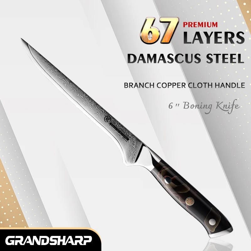 Grandsharp 6 "нож для косточек 67 слоев из дамасской стали кухонные ножи шеф-повара инструменты для приготовления мяса фруктов с веткой и медной ручкой из ткани
Grandsharp 6 "нож для косточек 67 слоев из дамасской стали кухонные ножи шеф-повара инструменты для приготовления мяса фруктов с веткой и медной ручкой из ткани