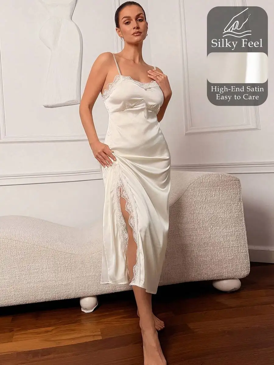 Womens Solid Lace Trim High Slit Satin Camisole Nightgown Summer
Womens Solid Lace Trim High Slit Satin Camisole Nightgown Summer
