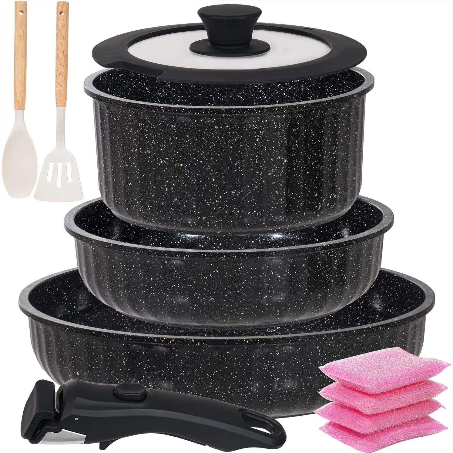 11 Piece Nonstick Pots and Pans Set with Removable Handle for Induction Cookware, Stackable Kitchen Set for RV Camping Apartment
11 Piece Nonstick Pots and Pans Set with Removable Handle for Induction Cookware, Stackable Kitchen Set for RV Camping Apartment