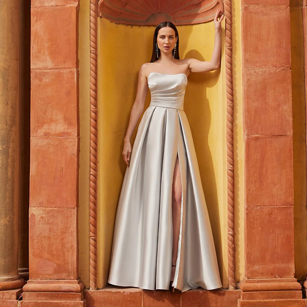Women's Evening Dress Silver Satin Pleated Side Split Strapless A Line Simple Evening Gowns Long Sleeveless Classic Formal Dress
Women's Evening Dress Silver Satin Pleated Side Split Strapless A Line Simple Evening Gowns Long Sleeveless Classic Formal Dress