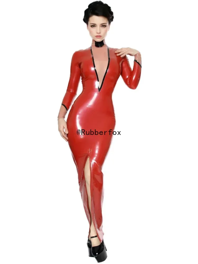 Customized Red Latex Maxi Dress High Neck Long Sleeves Sheer Panel Side Slit Handmade Rubber Club wear
Customized Red Latex Maxi Dress High Neck Long Sleeves Sheer Panel Side Slit Handmade Rubber Club wear