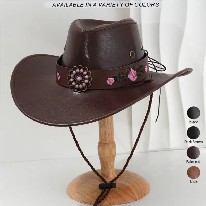 Men's and women's wide-brimmed leather top hats with floral pink patterns embroidered flower belts outdoor evening
Men's and women's wide-brimmed leather top hats with floral pink patterns embroidered flower belts outdoor evening