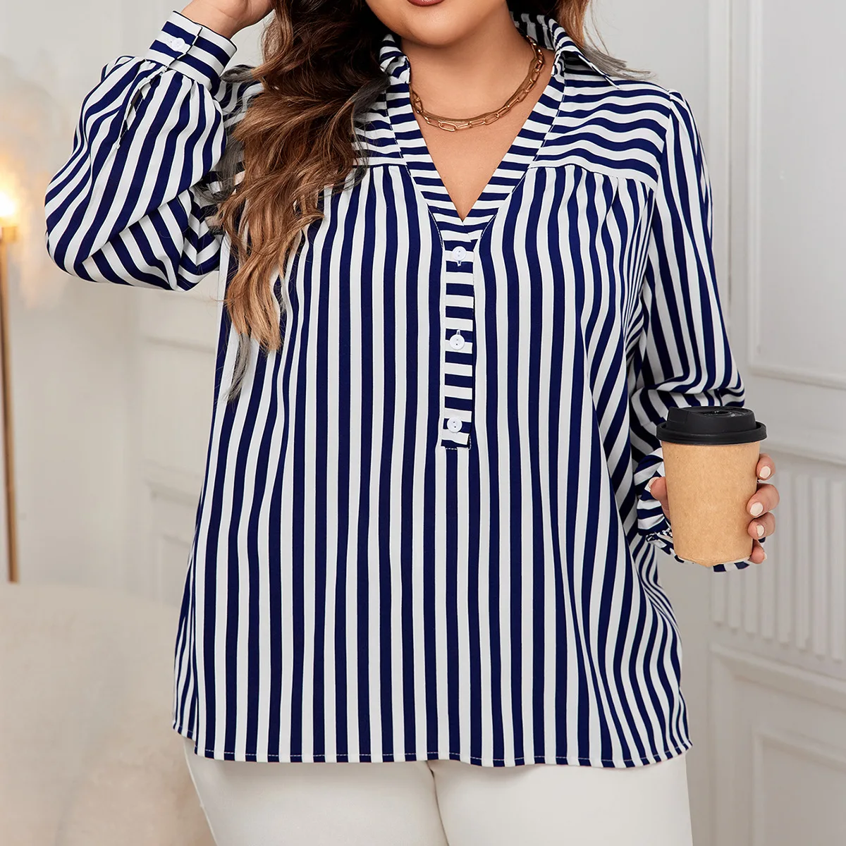 Plus Size Women's Blouse Blue White Vertical Striped Polo Collar V-Neck Long Sleeve Button Up Casual Office Shirts Tops
Plus Size Women's Blouse Blue White Vertical Striped Polo Collar V-Neck Long Sleeve Button Up Casual Office Shirts Tops