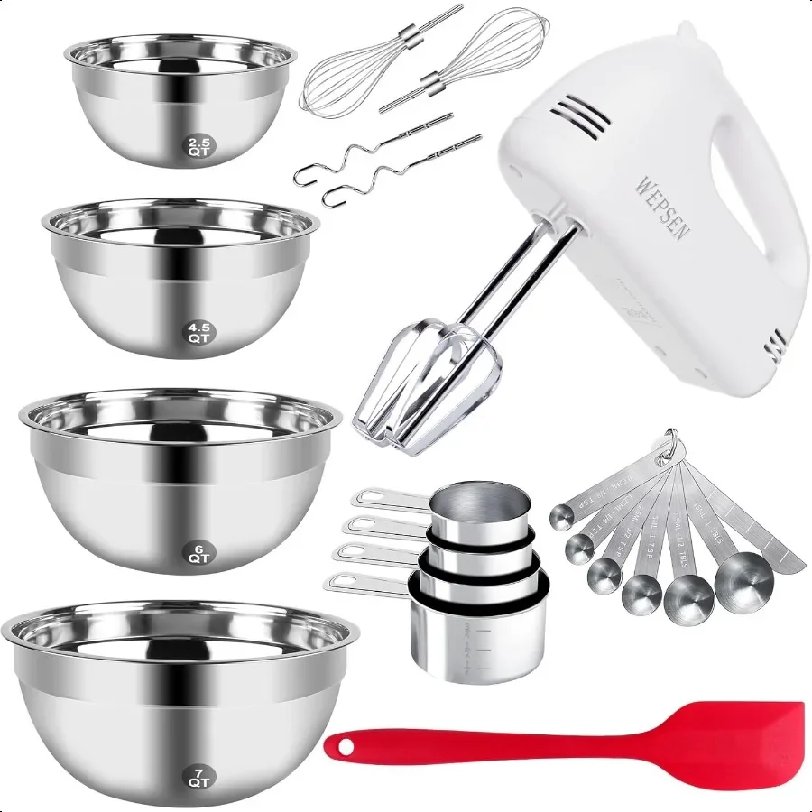 5Speed Electric Hand Mixer 4 Large Mixing Bowls Set Handheld Mixers with Whisks Beater Stainl Steel Metal Nesting Bowl Measurin
5Speed Electric Hand Mixer 4 Large Mixing Bowls Set Handheld Mixers with Whisks Beater Stainl Steel Metal Nesting Bowl Measurin