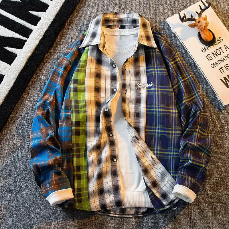 Men's high street patchwork plaid long sleeved shirt with a handsome design sense for men Small group men's loose shirt
Men's high street patchwork plaid long sleeved shirt with a handsome design sense for men Small group men's loose shirt