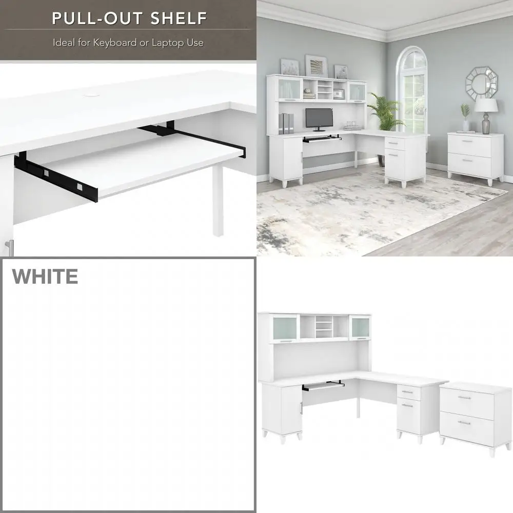72 White L-Shaped Desk with Hutch and File Cabinet, Somerset Style
72 White L-Shaped Desk with Hutch and File Cabinet, Somerset Style