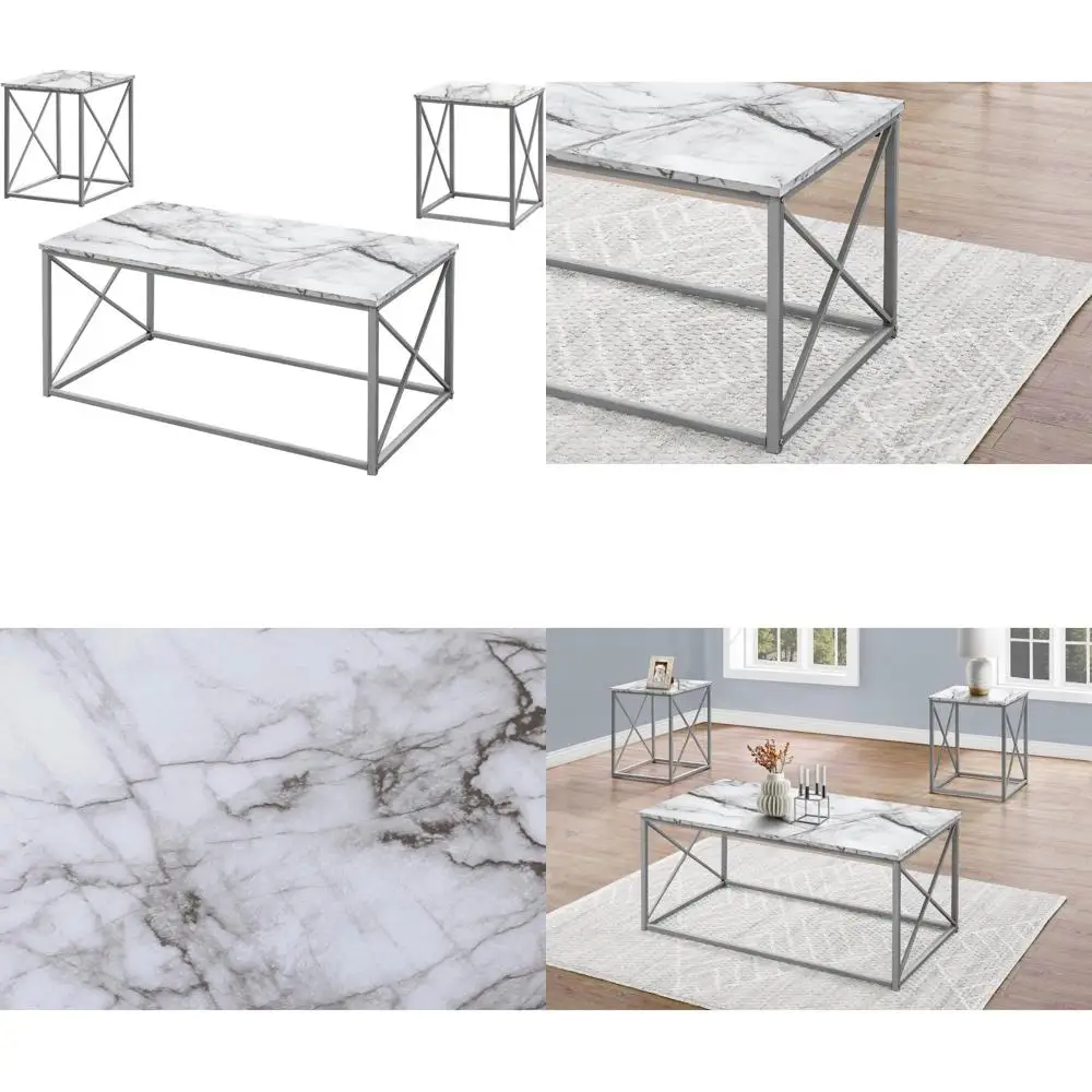 Modern 3-Piece Coffee Table Set with Metal Legs, White Marble Top, Grey Accents for Living Room
Modern 3-Piece Coffee Table Set with Metal Legs, White Marble Top, Grey Accents for Living Room