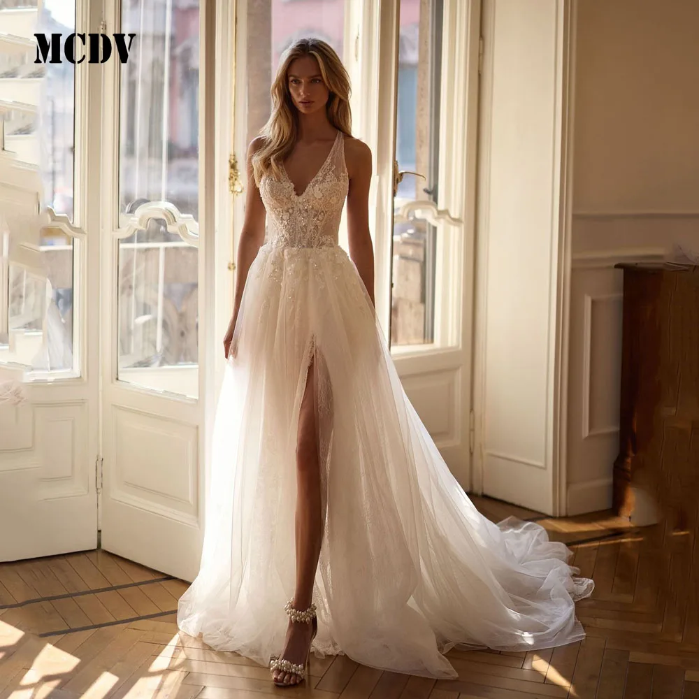 MCDV Exquisite Wedding Dress Sleeveless Applique Sexy Deep V-Neck vestidos de novia Side Split A-Line Bride Gowns Customized
MCDV Exquisite Wedding Dress Sleeveless Applique Sexy Deep V-Neck vestidos de novia Side Split A-Line Bride Gowns Customized