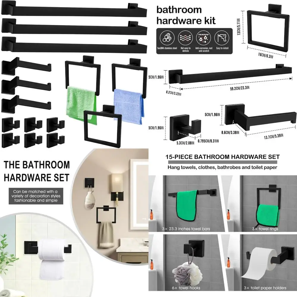 Matte Black Bathroom Hardware Set, 15-Piece, 23.3 Inch Towel Bar, Square Towel Rack, Premium SUS304 Stainless Steel, Rust-Resist
Matte Black Bathroom Hardware Set, 15-Piece, 23.3 Inch Towel Bar, Square Towel Rack, Premium SUS304 Stainless Steel, Rust-Resist