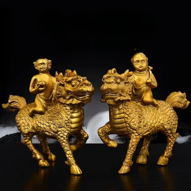 1Pair of Chinese Brass Kylin Qilin Statue, Boy & Girl Figurine with Gold Ingot Ruyi Scepter
1Pair of Chinese Brass Kylin Qilin Statue, Boy & Girl Figurine with Gold Ingot Ruyi Scepter