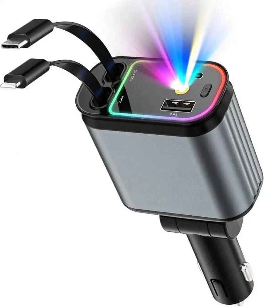 66W 4-In-1 Retractable Car Charger With RGB Light, USB C + 2 USB A Ports, Fast Charging For iPhone And Android
66W 4-In-1 Retractable Car Charger With RGB Light, USB C + 2 USB A Ports, Fast Charging For iPhone And Android