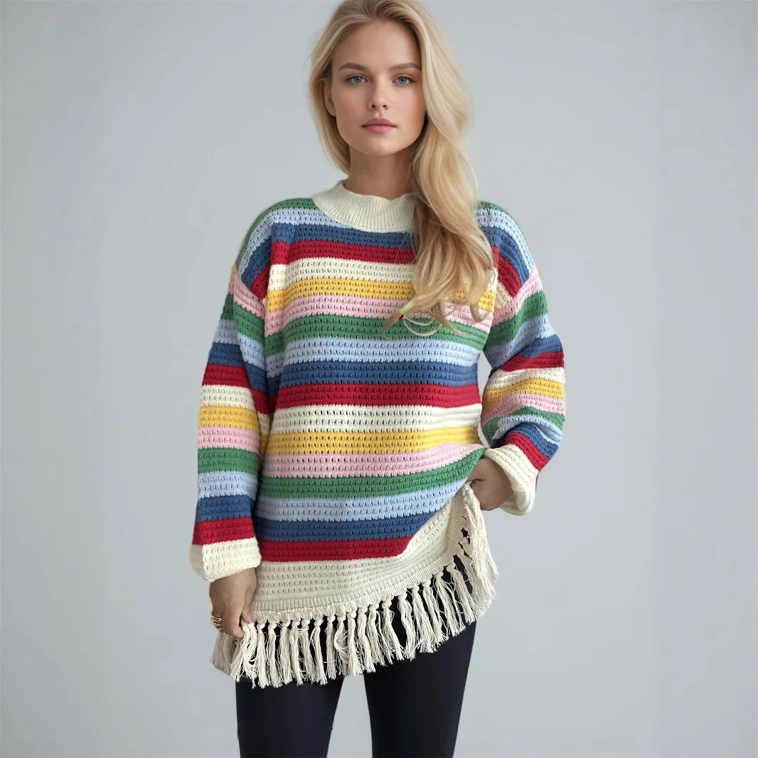 Tassel Rainbow Striped Hollow Out Knitted SweaterWomen Jumpers Long Sleeve Casual Korean LooseKnitwear Pullover Spring 2026
Tassel Rainbow Striped Hollow Out Knitted SweaterWomen Jumpers Long Sleeve Casual Korean LooseKnitwear Pullover Spring 2026
