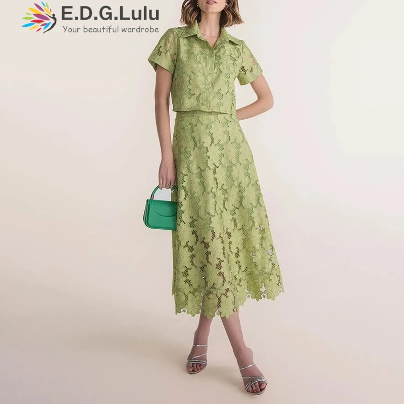 EDGLuLu Two Piece Set For Women Turn-Down Collar Short Sleeved Top+High Waist Long Skirt Hollow Embroidery Lace Suit 0424
EDGLuLu Two Piece Set For Women Turn-Down Collar Short Sleeved Top+High Waist Long Skirt Hollow Embroidery Lace Suit 0424