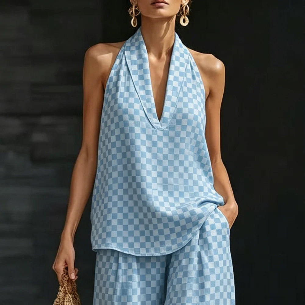 Women's Checkerboard Print Halter Top & Wide Leg Pants Two Piece Set Minimalist Summer Casual Outfit For Daily Wear
Women's Checkerboard Print Halter Top & Wide Leg Pants Two Piece Set Minimalist Summer Casual Outfit For Daily Wear