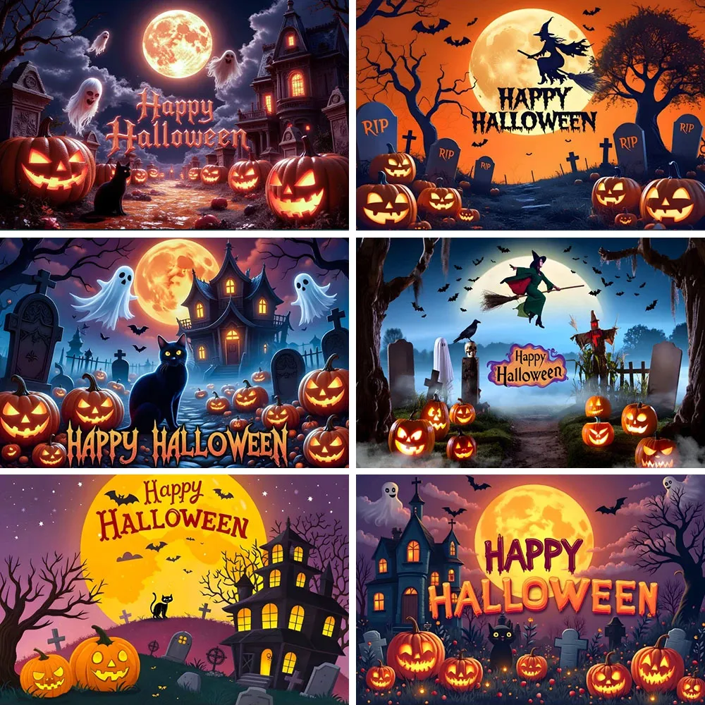 Happy Halloween Party Decor Backdrop Graveyard Pumpkin Lights Witch Broom Halloween Eve Moon Horror Theme Photography Background
Happy Halloween Party Decor Backdrop Graveyard Pumpkin Lights Witch Broom Halloween Eve Moon Horror Theme Photography Background