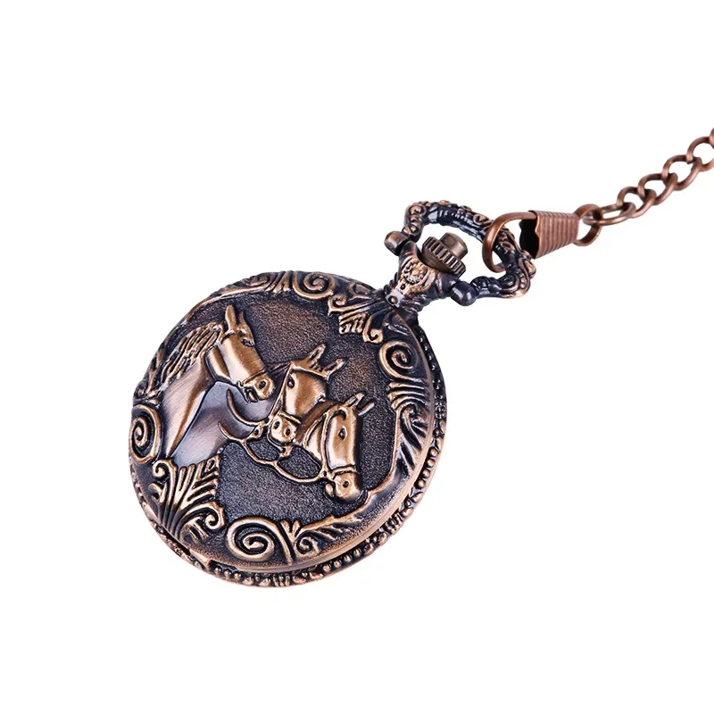 Vintage fashion embossed brick red three horse embossed classic quartz pocket watch with necklace
Vintage fashion embossed brick red three horse embossed classic quartz pocket watch with necklace
