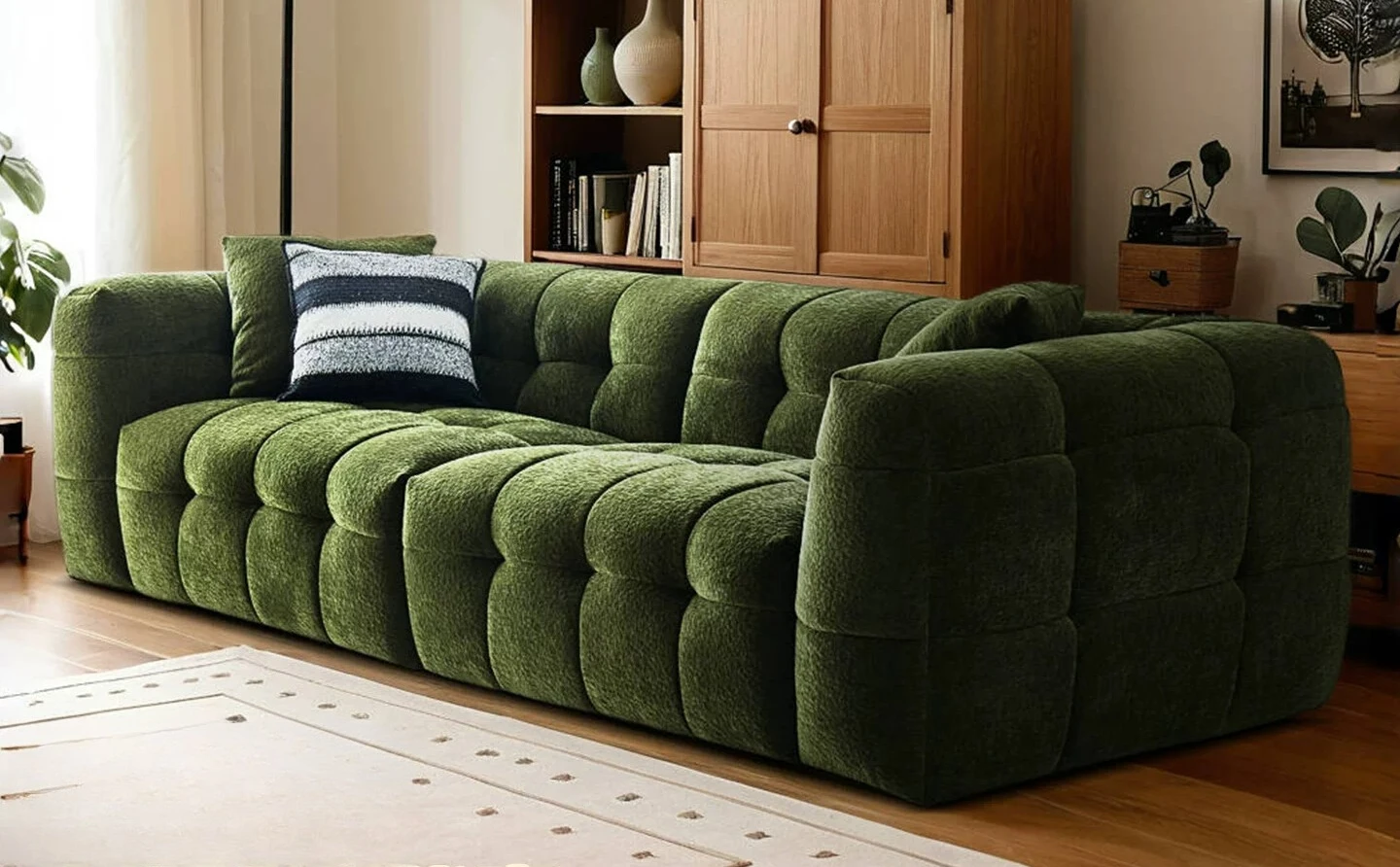 PYJ marshmallow dark green chenille retro style medieval living room straight row fabric sofa
PYJ marshmallow dark green chenille retro style medieval living room straight row fabric sofa