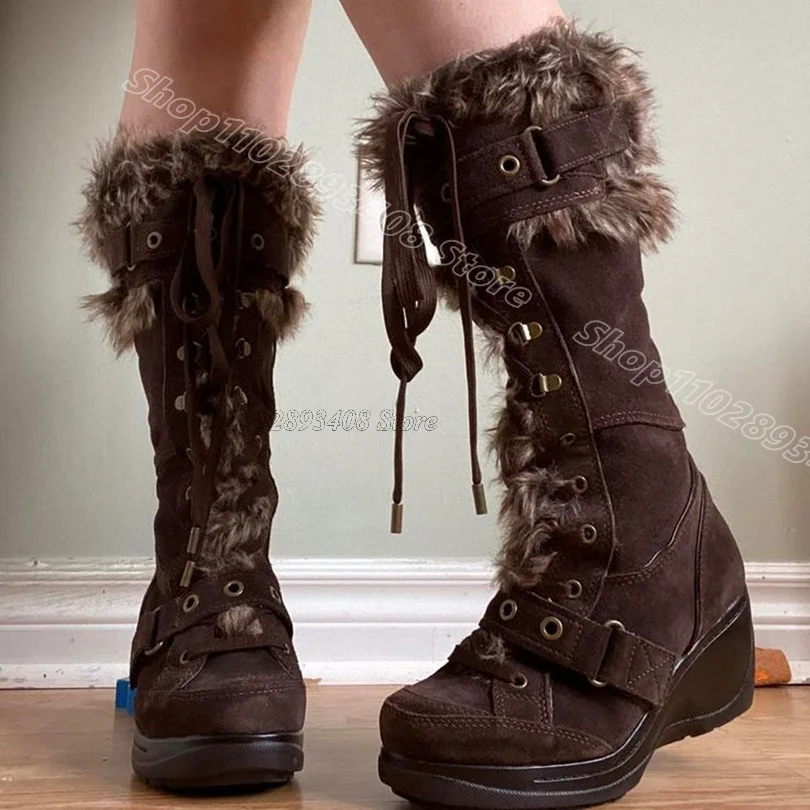 Brown Wedges Heels Fur Boots Flock Round Toe Lace up British Style Design for Women Winter Casual Boots 2025 Zapatos Para Mujere
Brown Wedges Heels Fur Boots Flock Round Toe Lace up British Style Design for Women Winter Casual Boots 2025 Zapatos Para Mujere