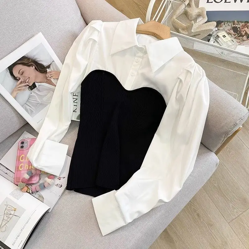 Spring Autumn Longsleeve Short Shirt Office Lady Elegant Cinched Waist Blouse Top 2026 Women Chiffon Knitted Patchwork Shirt
Spring Autumn Longsleeve Short Shirt Office Lady Elegant Cinched Waist Blouse Top 2026 Women Chiffon Knitted Patchwork Shirt