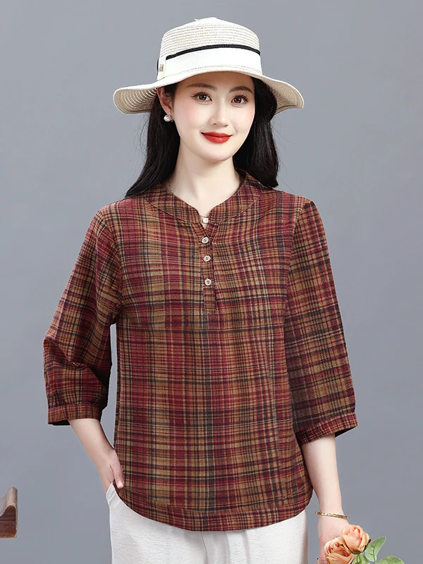 Retro Plaid Stand Collar Seven Sleeve T Shirt Loose Belly Covering Middle Aged Women's Cotton Linen Ethnic Style Summer Top
Retro Plaid Stand Collar Seven Sleeve T Shirt Loose Belly Covering Middle Aged Women's Cotton Linen Ethnic Style Summer Top