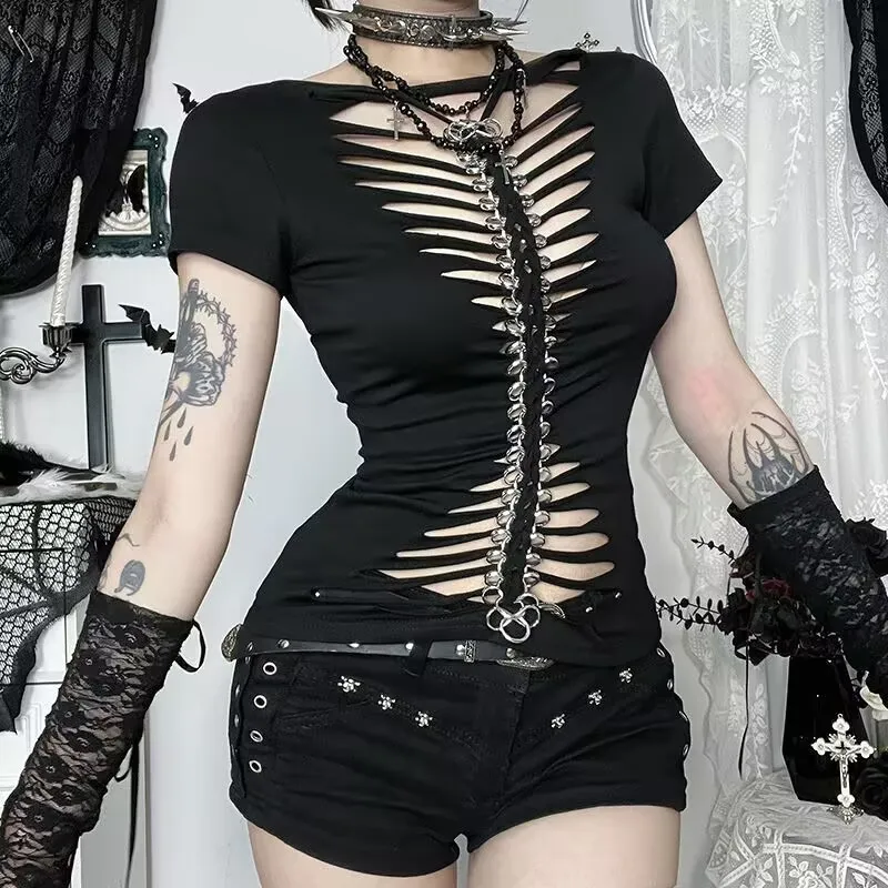 Gothic Lolita Sexy T-shirt Women Dark Streetwear Kawaii Harajuku Grunge Hollow Out Bone Chain Short Sleeve Crop Tee Y2k Tops
Gothic Lolita Sexy T-shirt Women Dark Streetwear Kawaii Harajuku Grunge Hollow Out Bone Chain Short Sleeve Crop Tee Y2k Tops