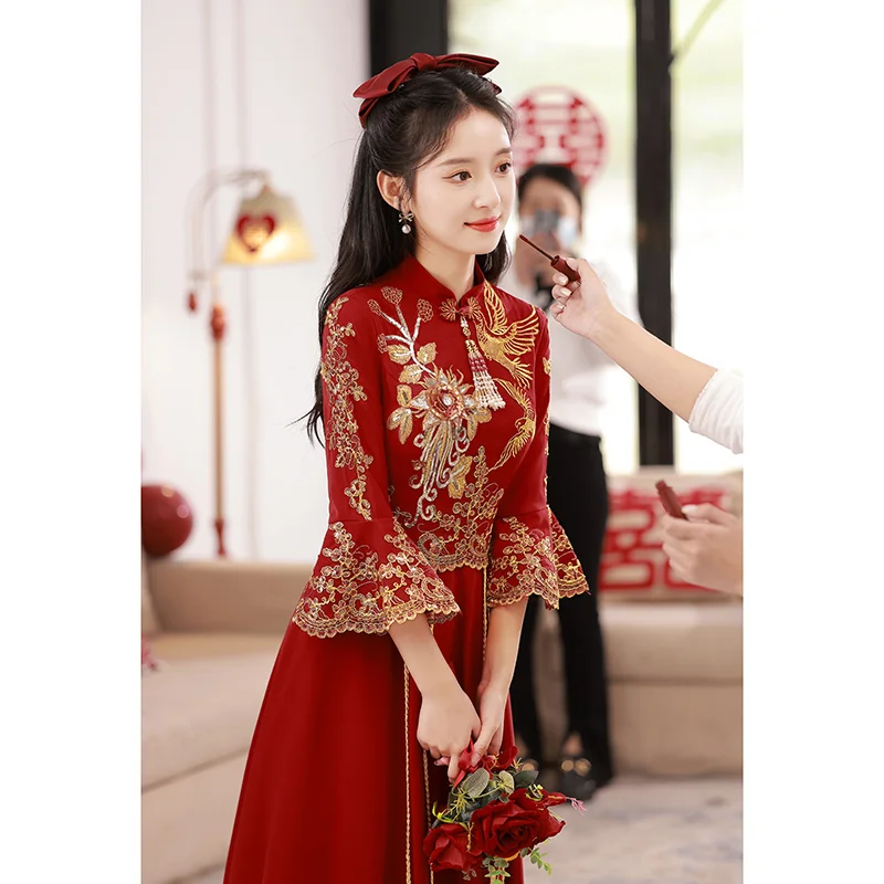 Chinese Sle Wedding Dr Red Wine Color Simple Modern New Bride Gown for Engagement Dinner And Marriage Ceremony
Chinese Sle Wedding Dr Red Wine Color Simple Modern New Bride Gown for Engagement Dinner And Marriage Ceremony