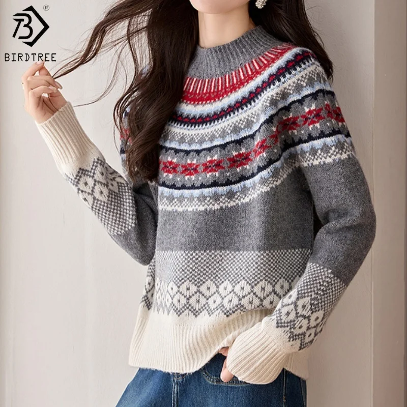 Birdtree, вязаный свитер из 100% овечьей шерсти, женская жаккардовая майка с воротником-стойкой, для поездок на работу, осень-зима 2025, свободный пуловерT5N520JF
Birdtree, вязаный свитер из 100% овечьей шерсти, женская жаккардовая майка с воротником-стойкой, для поездок на работу, осень-зима 2025, свободный пуловерT5N520JF