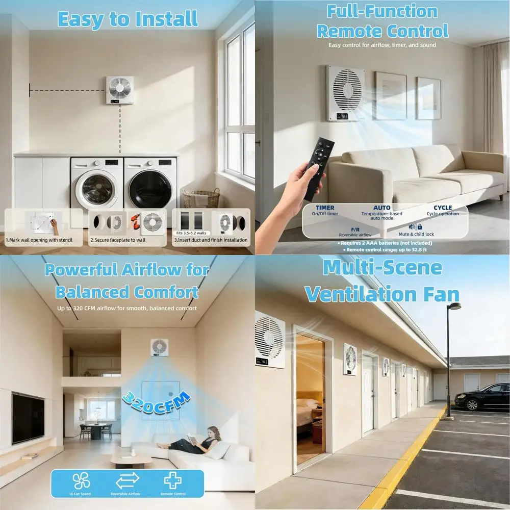 2-Piece 8 Room-to-Room Air Transfer System with Remote, 320 CFM Capacity, 10-Speed Quiet DC Motor, Suitable for Through-Wall and
2-Piece 8 Room-to-Room Air Transfer System with Remote, 320 CFM Capacity, 10-Speed Quiet DC Motor, Suitable for Through-Wall and