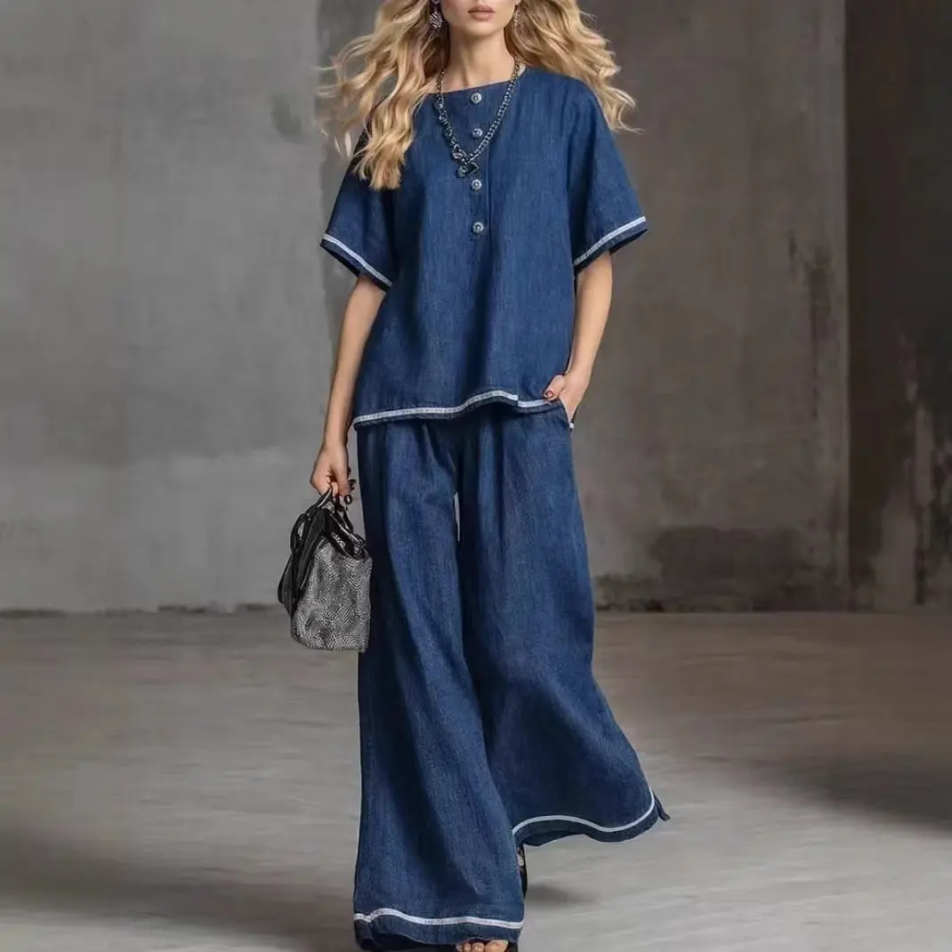 Contrast Color Two-Piece Suit for Women Short Sleeve Crew Neck Top & High Waist Wide Leg Pants Casual Women's Matching Set
Contrast Color Two-Piece Suit for Women Short Sleeve Crew Neck Top & High Waist Wide Leg Pants Casual Women's Matching Set