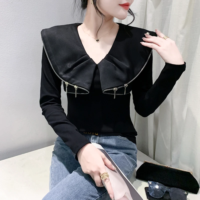 Black,Korean,Style,T-Shirt,Chic,Sexy,Color Blocking,Peter Pan Collar,Zipper,Spliced,Women,Top,Long Sleeve,Tees,2025,New,4103102
Black,Korean,Style,T-Shirt,Chic,Sexy,Color Blocking,Peter Pan Collar,Zipper,Spliced,Women,Top,Long Sleeve,Tees,2025,New,4103102