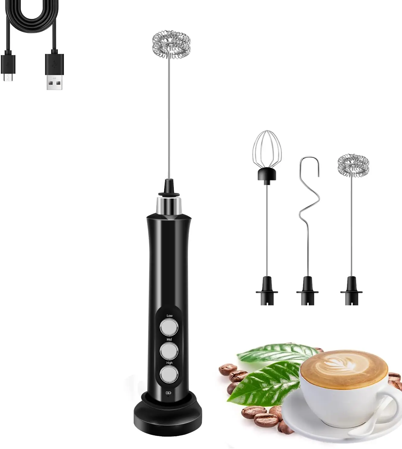Rechargeable Milk Frother Handheld with 3 Detachable Stainless Steel Whisks, 3 Speed Adjustable Electric Whisk Foam Maker,
Rechargeable Milk Frother Handheld with 3 Detachable Stainless Steel Whisks, 3 Speed Adjustable Electric Whisk Foam Maker,