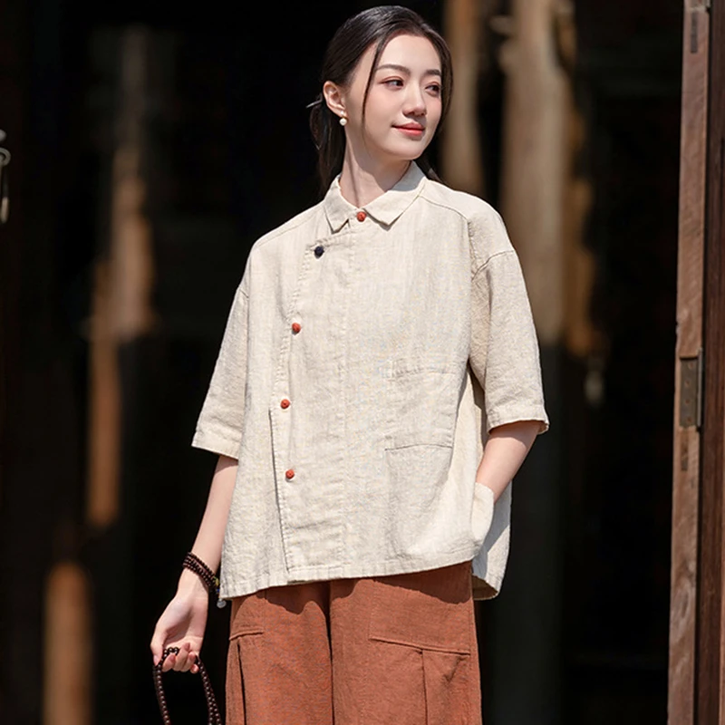 Women Cotton Linen Casual Shirt New Arrival 2025 Summer Vintage Style Plain Color Loose Female Short Sleeve Tops Shirts M1112
Women Cotton Linen Casual Shirt New Arrival 2025 Summer Vintage Style Plain Color Loose Female Short Sleeve Tops Shirts M1112