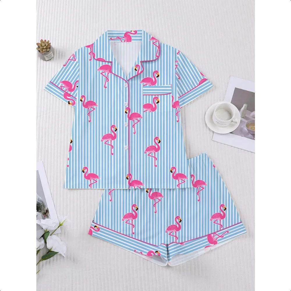 Striped Flamingo Print 2Pcs Pajama Set, Collared Button Short Sleeve Top & Elastic Shorts, Soft Casual Loungewear for Women
Striped Flamingo Print 2Pcs Pajama Set, Collared Button Short Sleeve Top & Elastic Shorts, Soft Casual Loungewear for Women