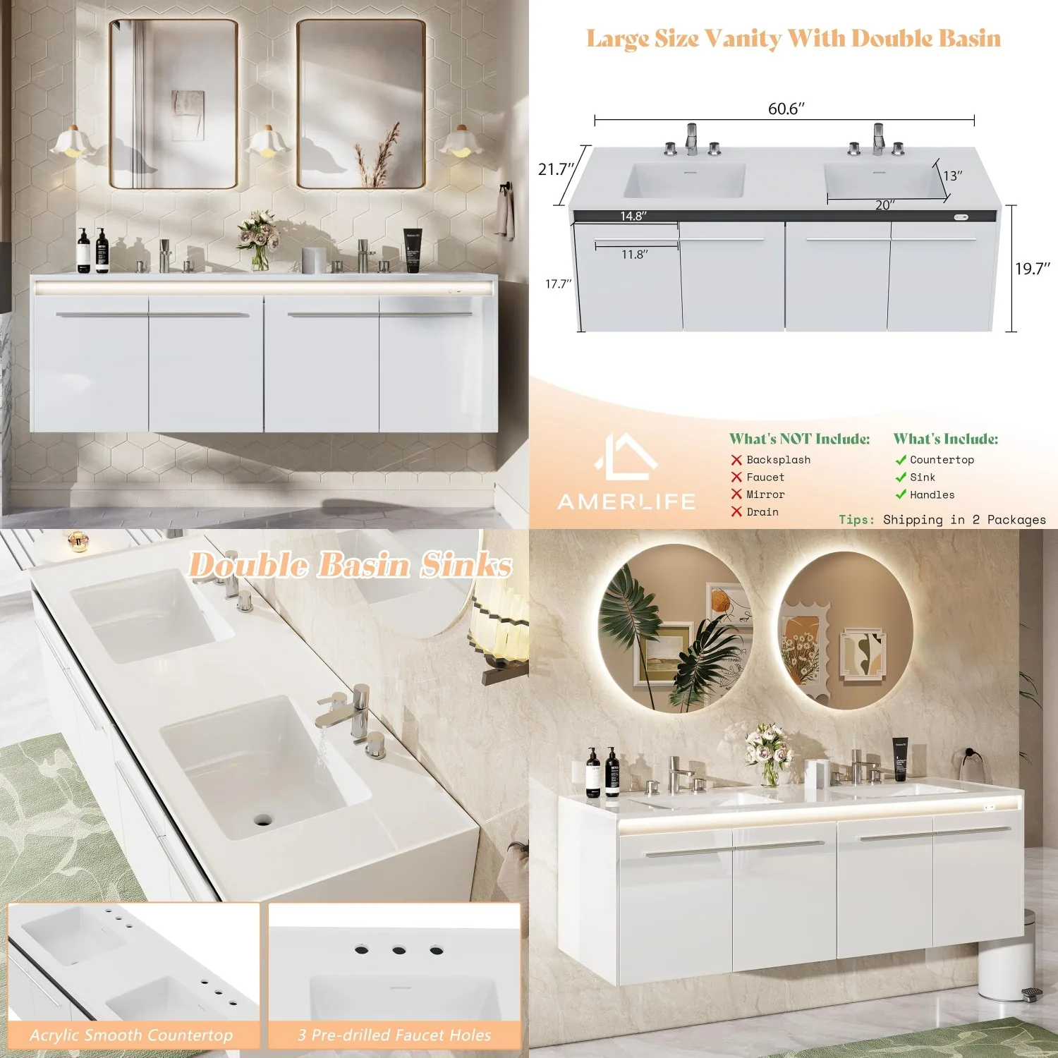 60" LED Floating Double Vanity Wall Mounted Cabinet High Gloss 3 Hole Sink Metal Handles Soft Close White Customized
60" LED Floating Double Vanity Wall Mounted Cabinet High Gloss 3 Hole Sink Metal Handles Soft Close White Customized