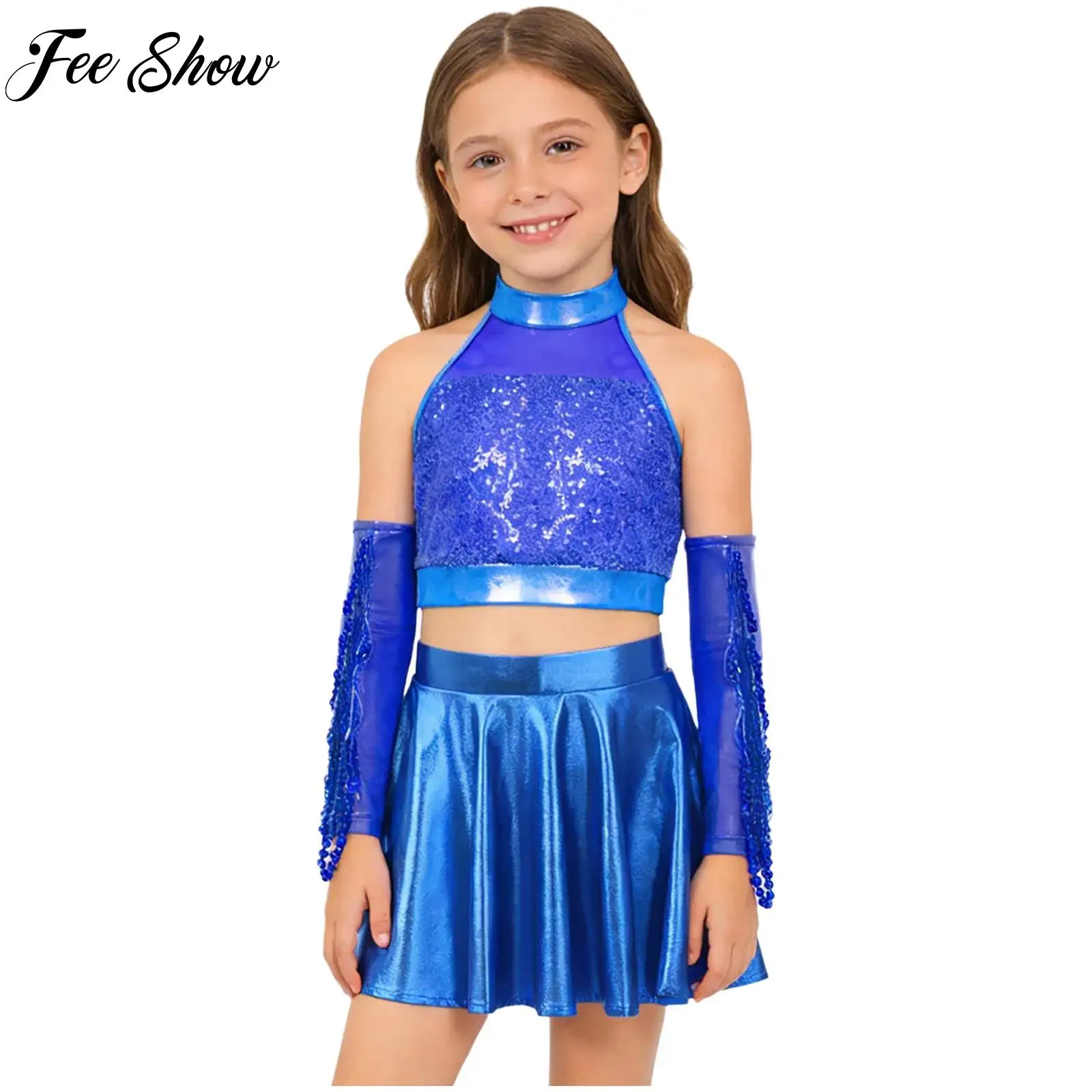Kids Girls Modern Stylish Latin Jazz Dance Performance Outfit Sequin Crop Top Skirts with Arm Sleeves Suit Performance Dancewear
Kids Girls Modern Stylish Latin Jazz Dance Performance Outfit Sequin Crop Top Skirts with Arm Sleeves Suit Performance Dancewear