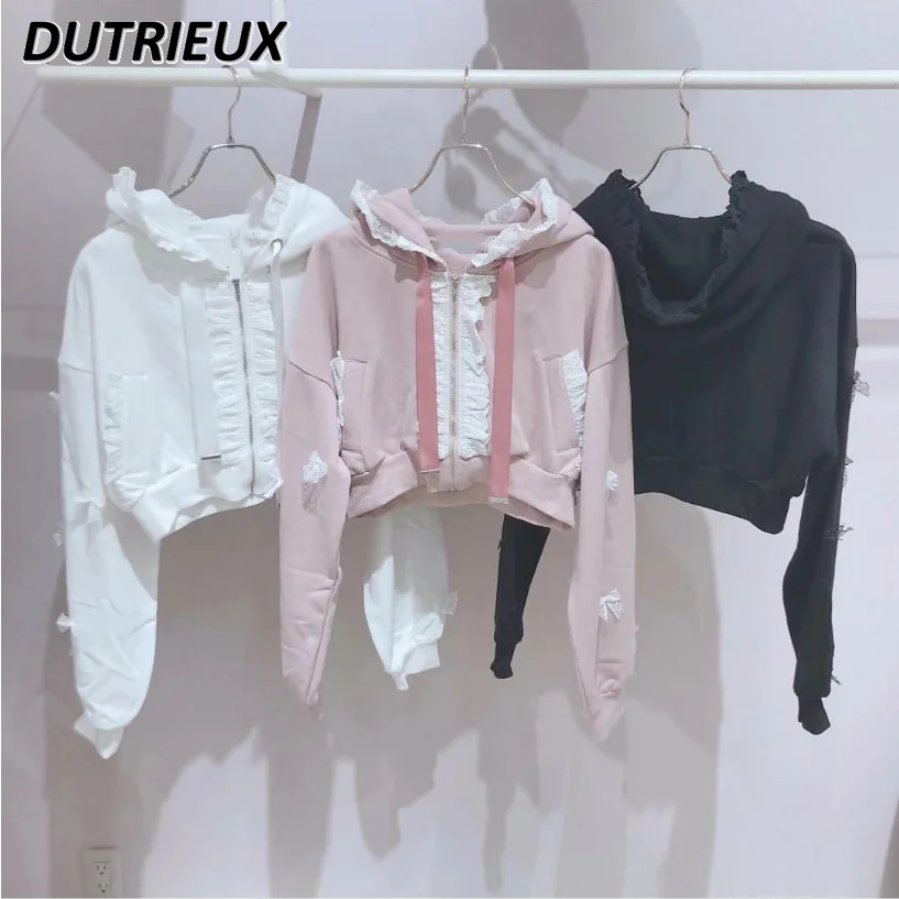 Japanese Style Sweet and Cute Girls Lace Zipper Cardigan Coat Bow Hooded Short Long-Sleeved Sweatshirt for Women Spring
Japanese Style Sweet and Cute Girls Lace Zipper Cardigan Coat Bow Hooded Short Long-Sleeved Sweatshirt for Women Spring