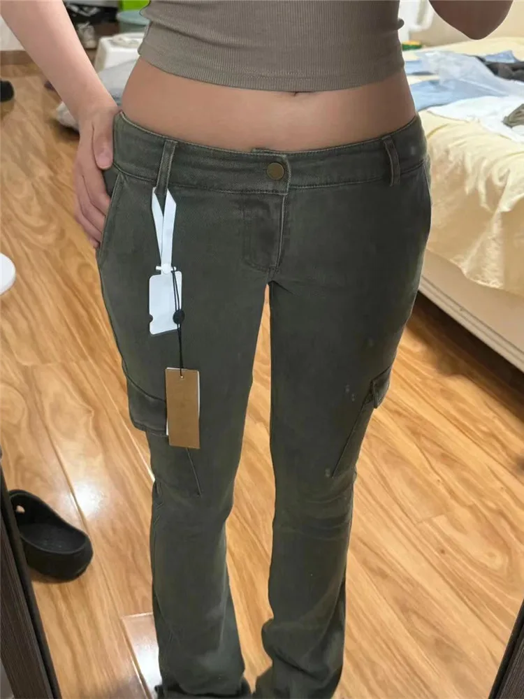 Low Waist Flared Jeans Women's Spring Autumn Washed Multi Pocket Military Green Floor Length Workwear Pants Extended Size
Low Waist Flared Jeans Women's Spring Autumn Washed Multi Pocket Military Green Floor Length Workwear Pants Extended Size