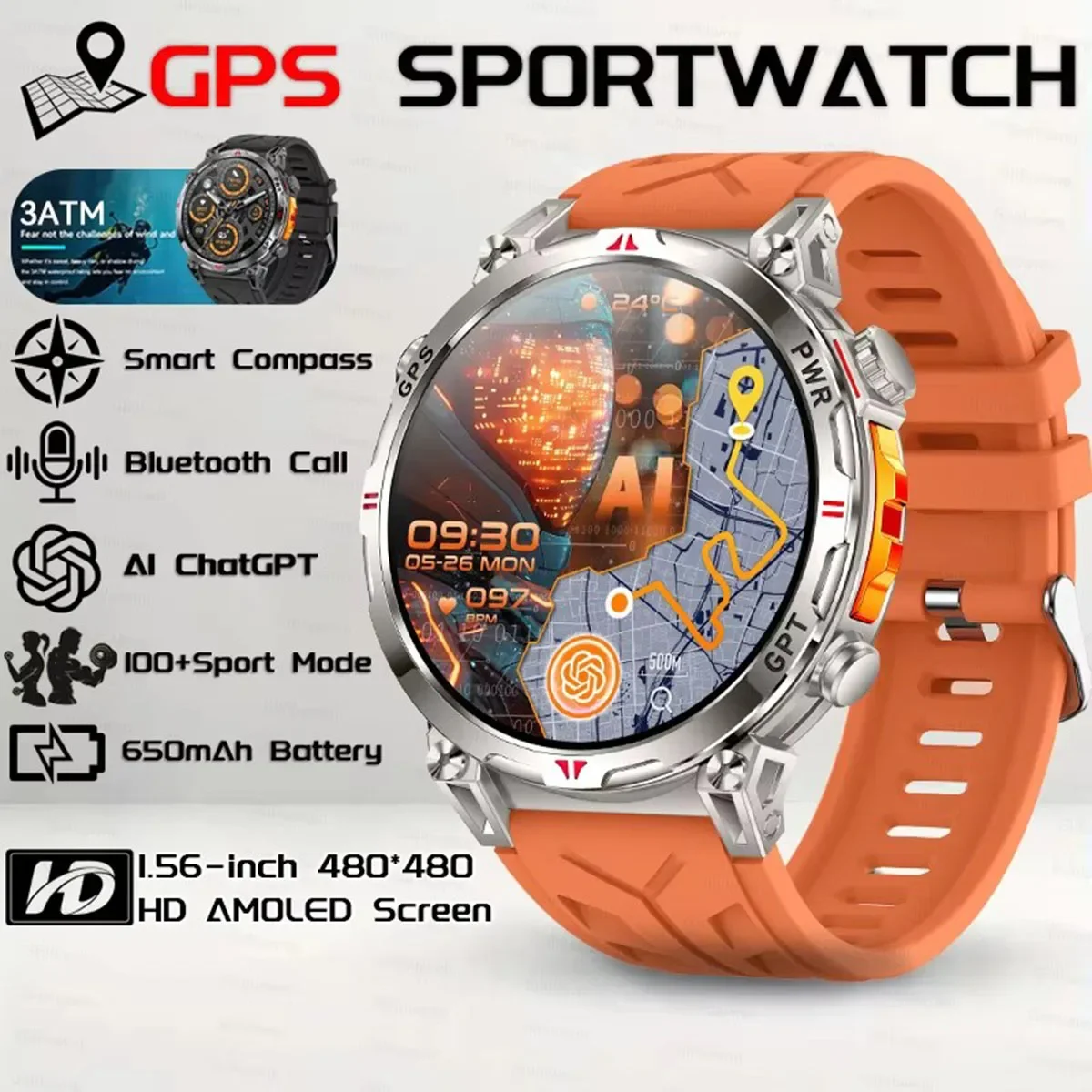1.56inch AMOLED Smart Watch with GPS Outdoors Sports Fitness Tracker Bluetooth Calling Large Battery Positioning
1.56inch AMOLED Smart Watch with GPS Outdoors Sports Fitness Tracker Bluetooth Calling Large Battery Positioning