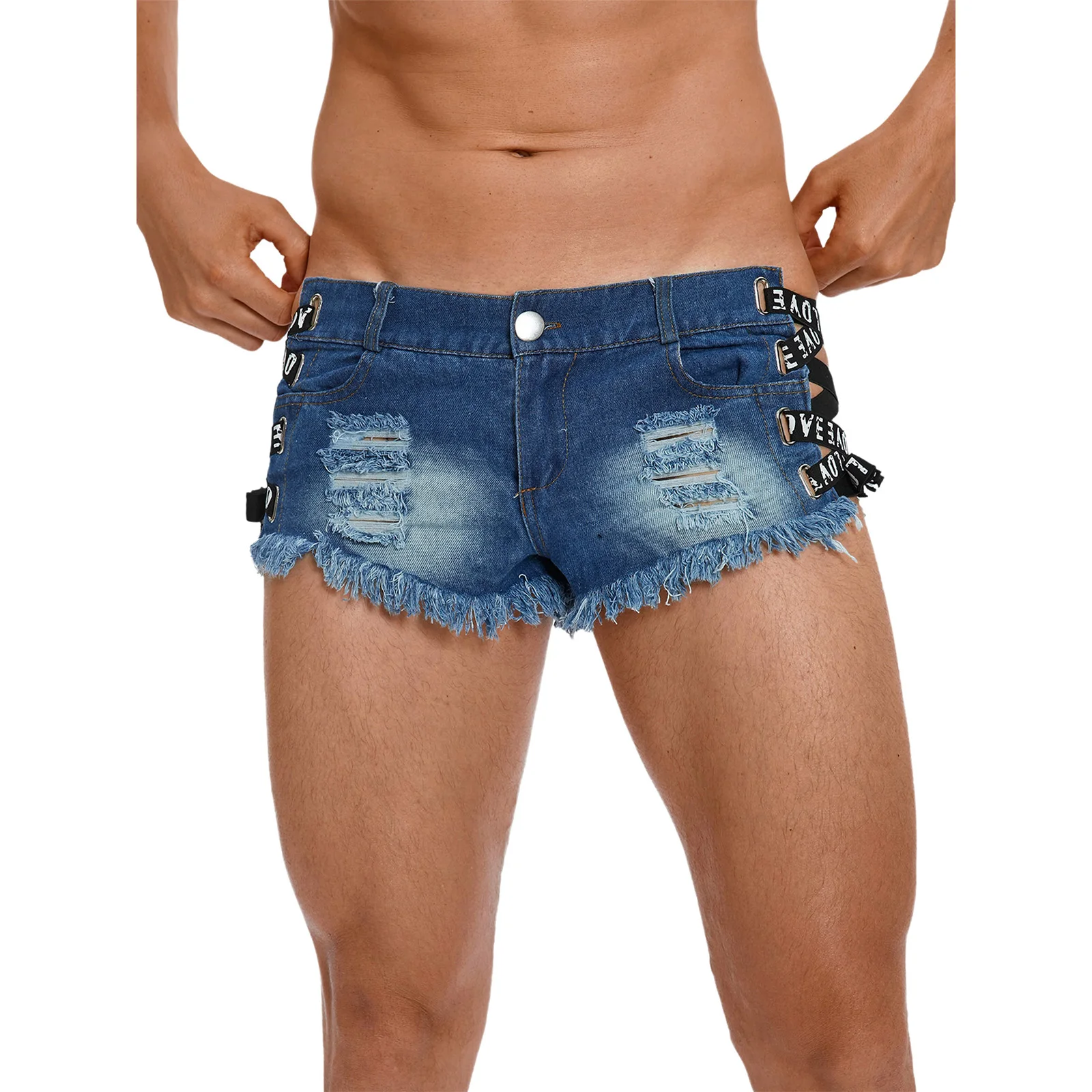 Mens Denim Jeans Shorts Letters Ribbons Trimmings Criss-cross Skinny Low-waist Ultrashort Hollow-out Jeans Shorts for Club Party
Mens Denim Jeans Shorts Letters Ribbons Trimmings Criss-cross Skinny Low-waist Ultrashort Hollow-out Jeans Shorts for Club Party