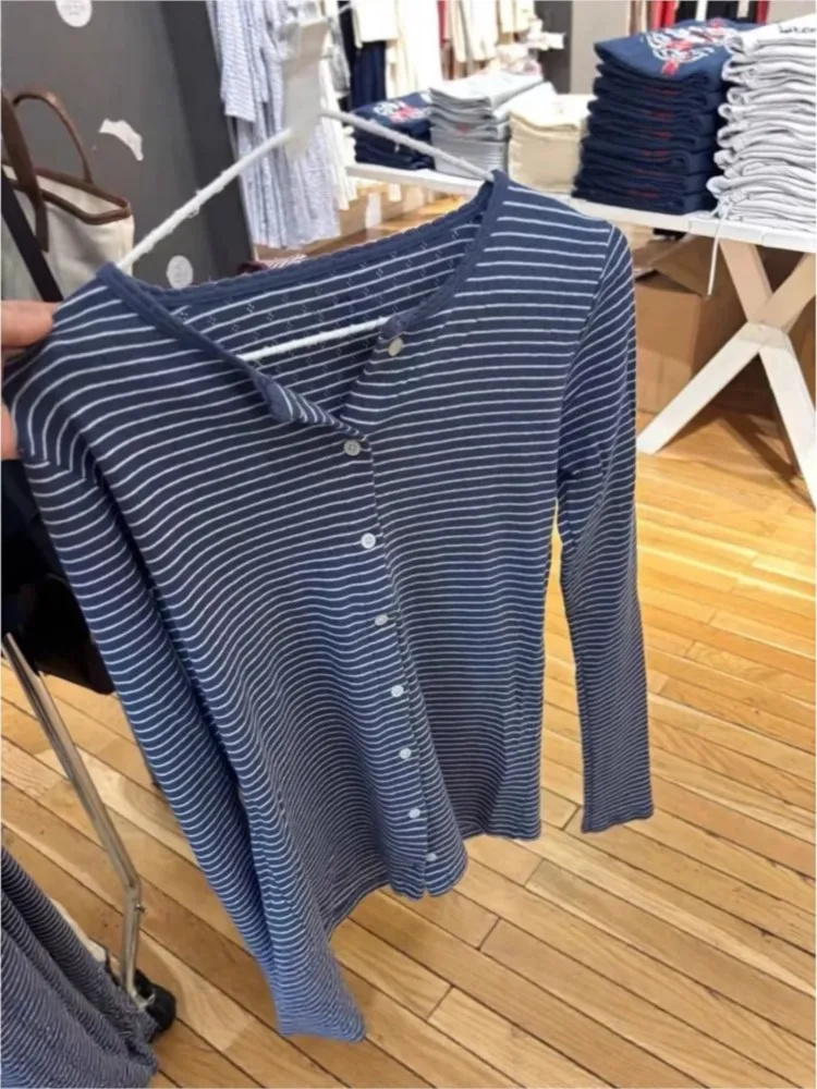 Sweet Eyelet Blue White Striped T-shirts Women O-neck Single Breasted Cotton Long Sleeve Tees Cute Preppy Style Slim Casual Tops
Sweet Eyelet Blue White Striped T-shirts Women O-neck Single Breasted Cotton Long Sleeve Tees Cute Preppy Style Slim Casual Tops