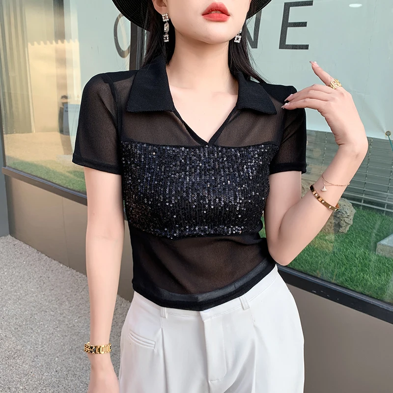 2023 New Summer European Style Mesh Thin T-Shirt Women Sexy V-Neck Patchwork Shiny Sequins Tops Short Sleeve Elastic Tees 37122
2023 New Summer European Style Mesh Thin T-Shirt Women Sexy V-Neck Patchwork Shiny Sequins Tops Short Sleeve Elastic Tees 37122